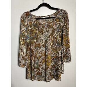 Stem & Vine Size1X BrownPaisley Bell Sleeve Blouse White Lace Trim VNeck Stretch